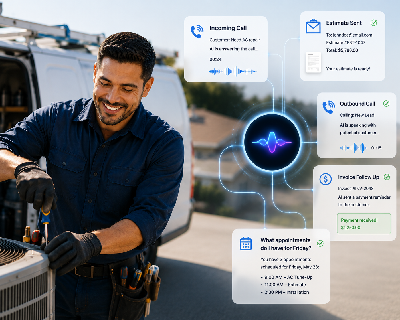 Technician working while ServiceGuru Pro's AI voice agent handles an incoming call, sends an estimate, makes an outbound sales call, and follows up on an invoice